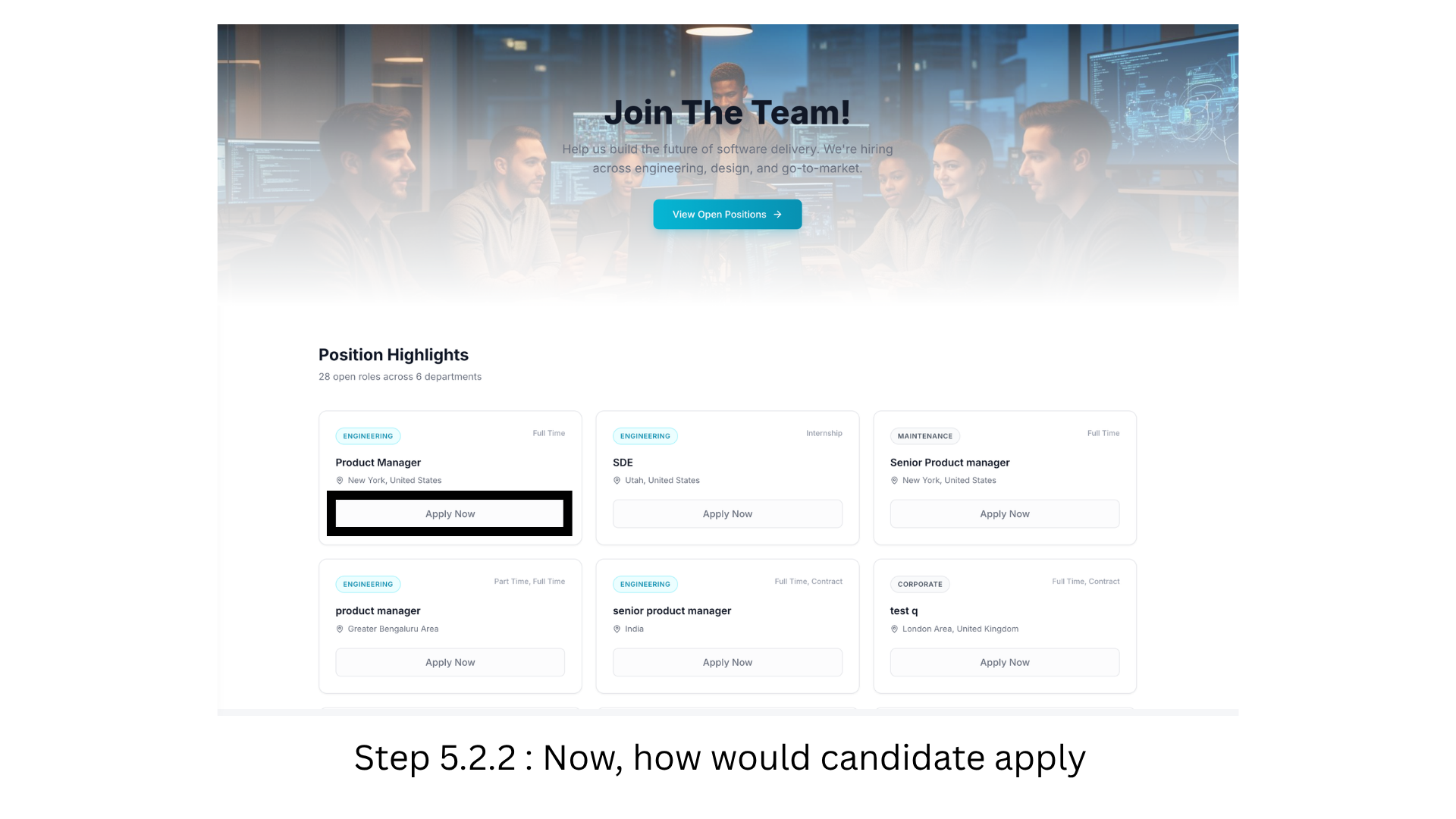 Candidate view: find the role and click Apply Now