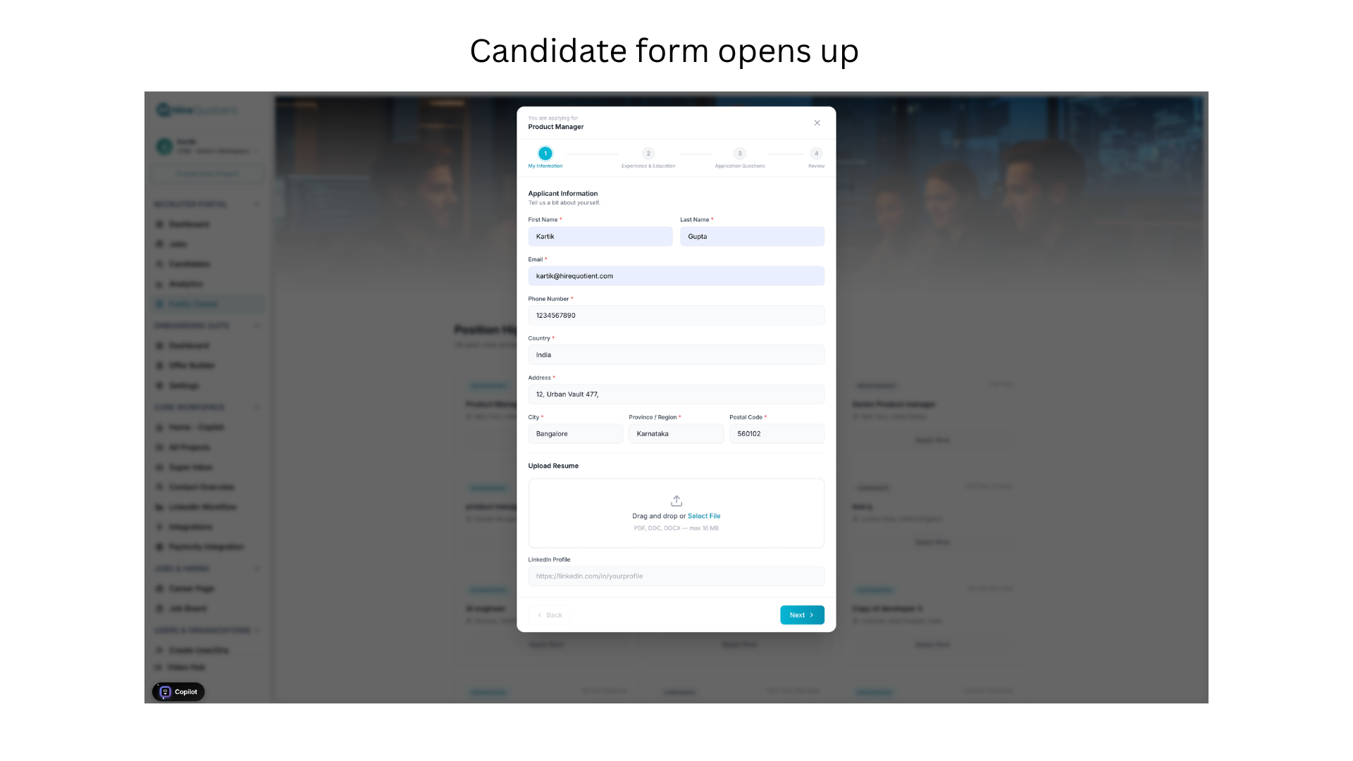 Candidate view: applicant information