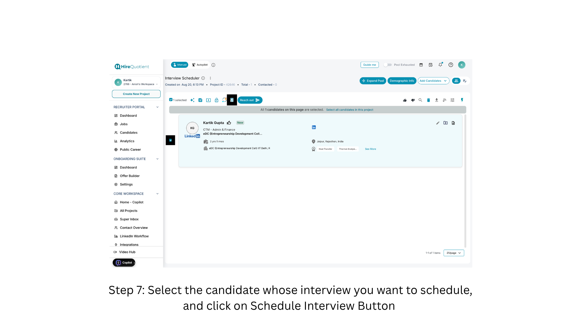 Select the candidate and open interview settings