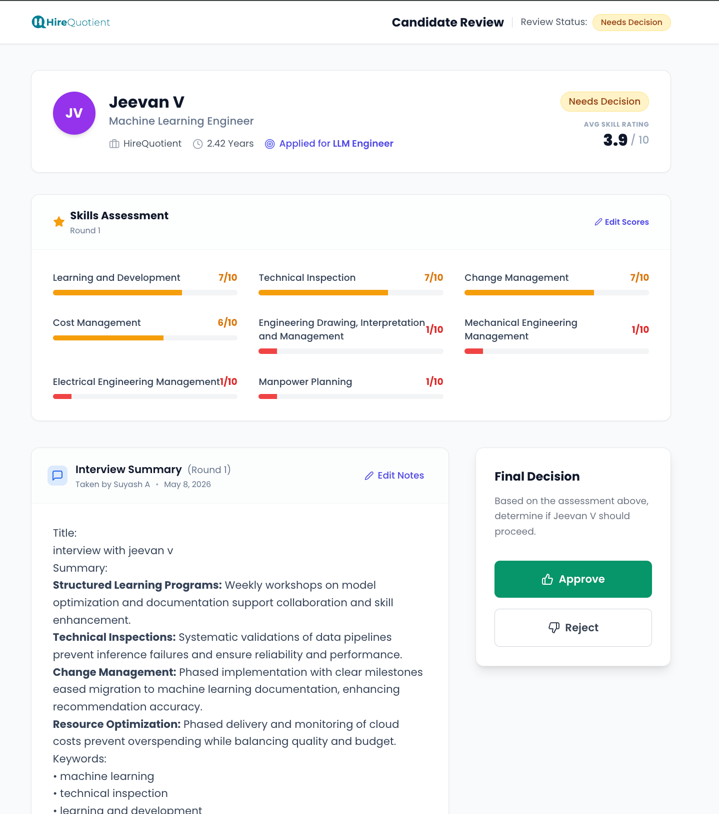 Scores arrive pre-filled, and stay editable