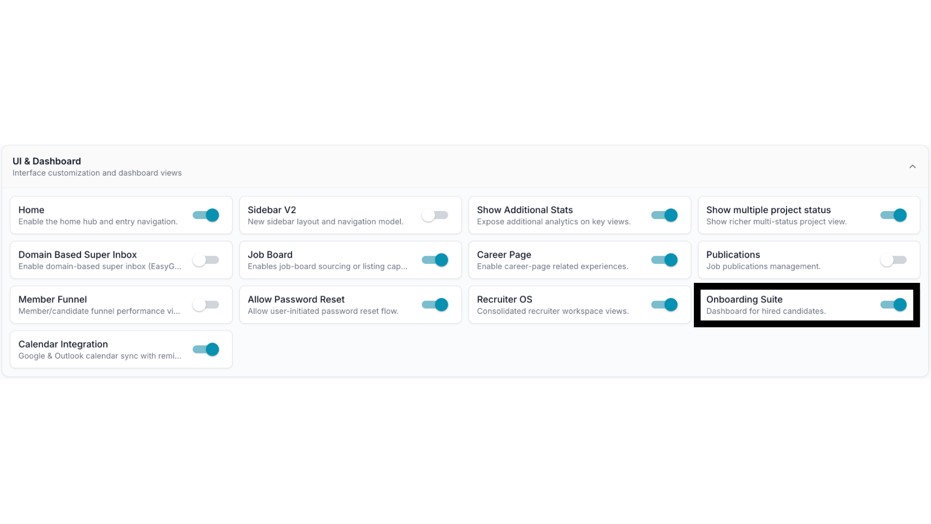 Turn on the Onboarding Suite toggle