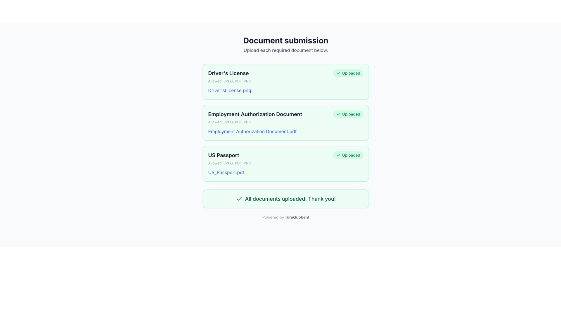 Documents confirmation screen