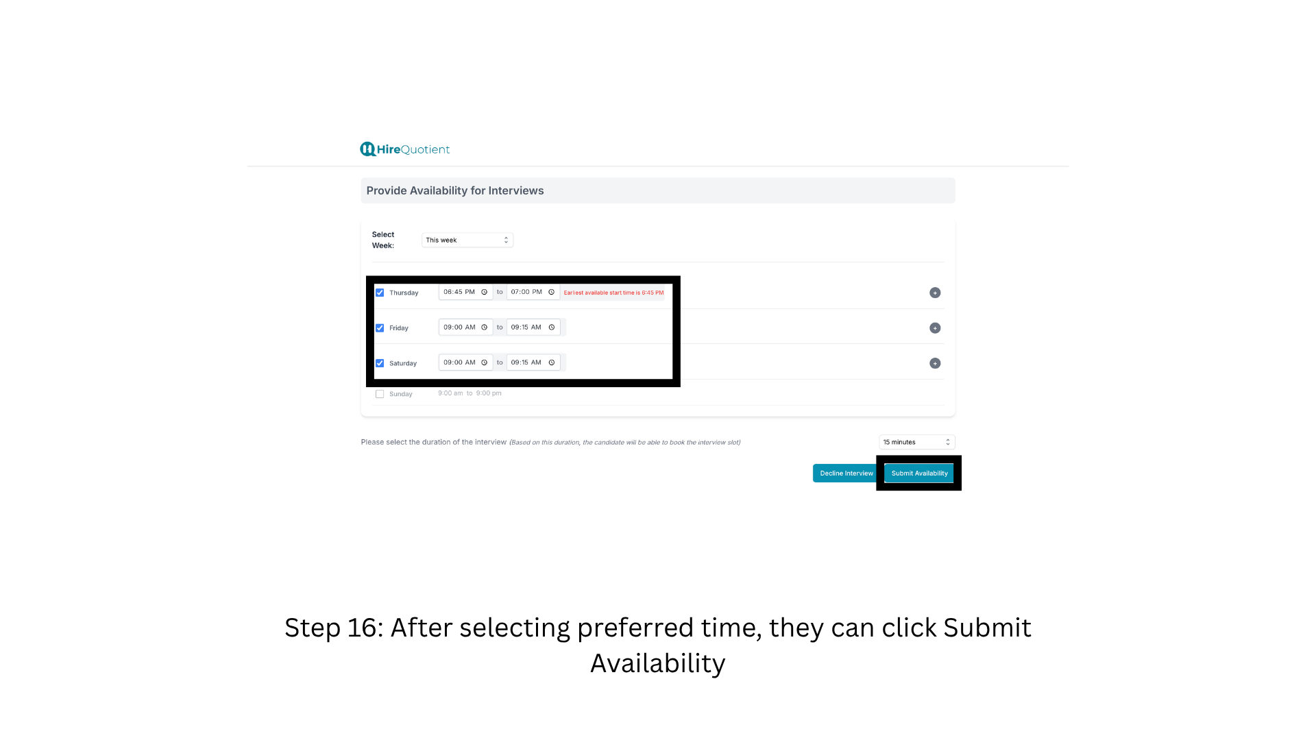 Set time ranges and submit availability