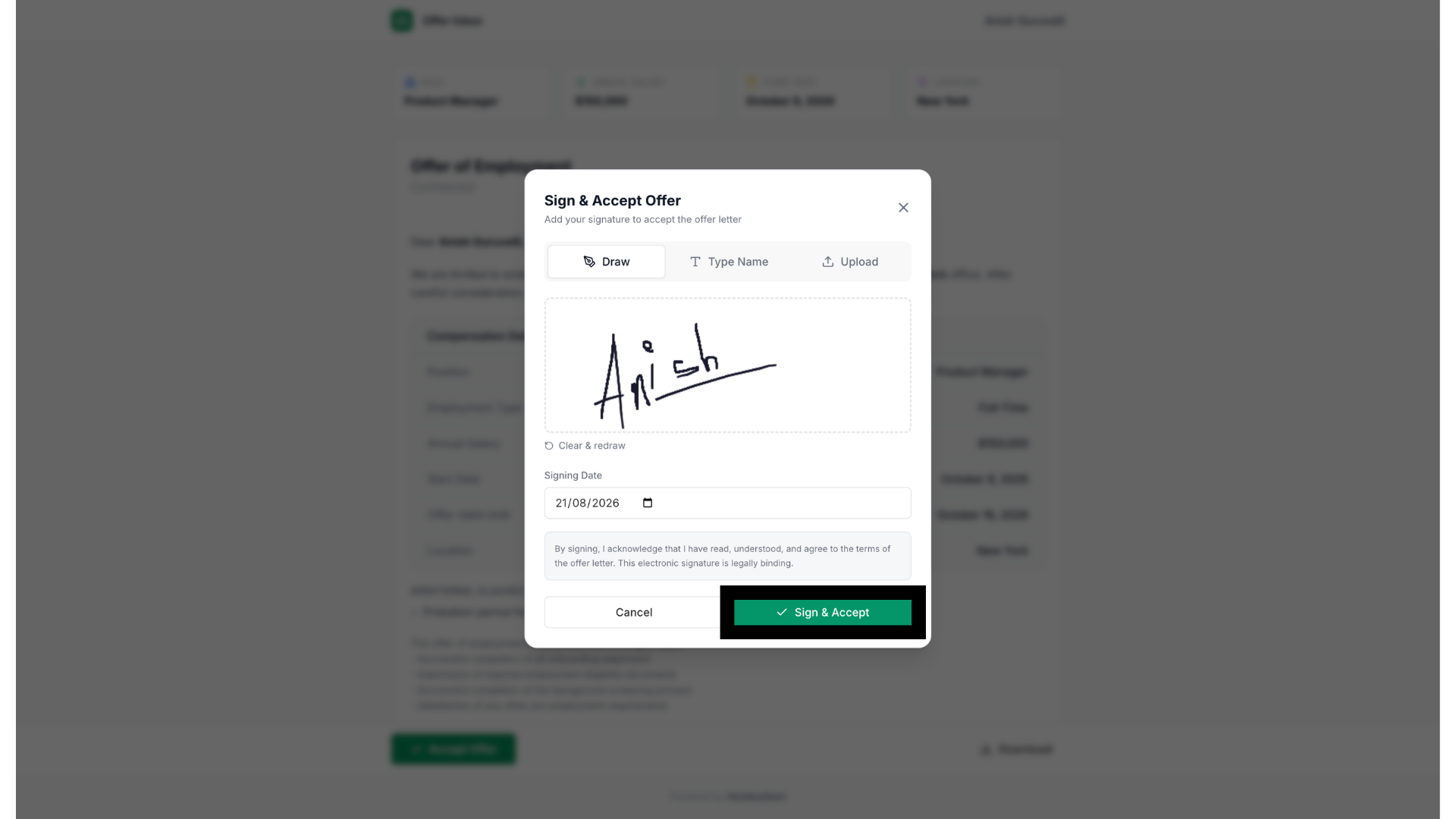 Signing and accepting