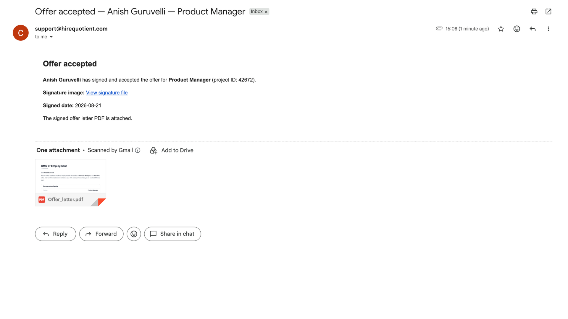 Recruiter gets confirmation