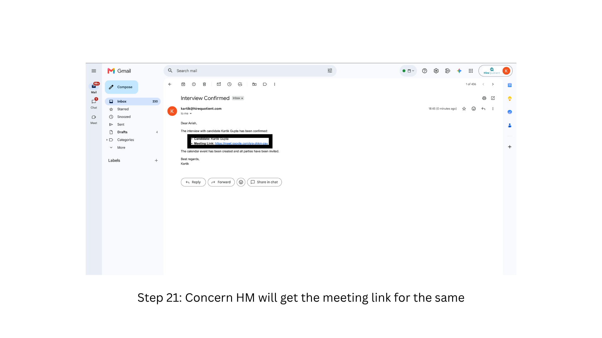 Hiring manager receives the meeting link