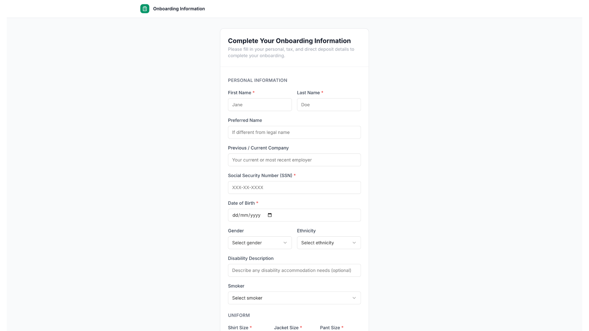 Candidate lands on the info form