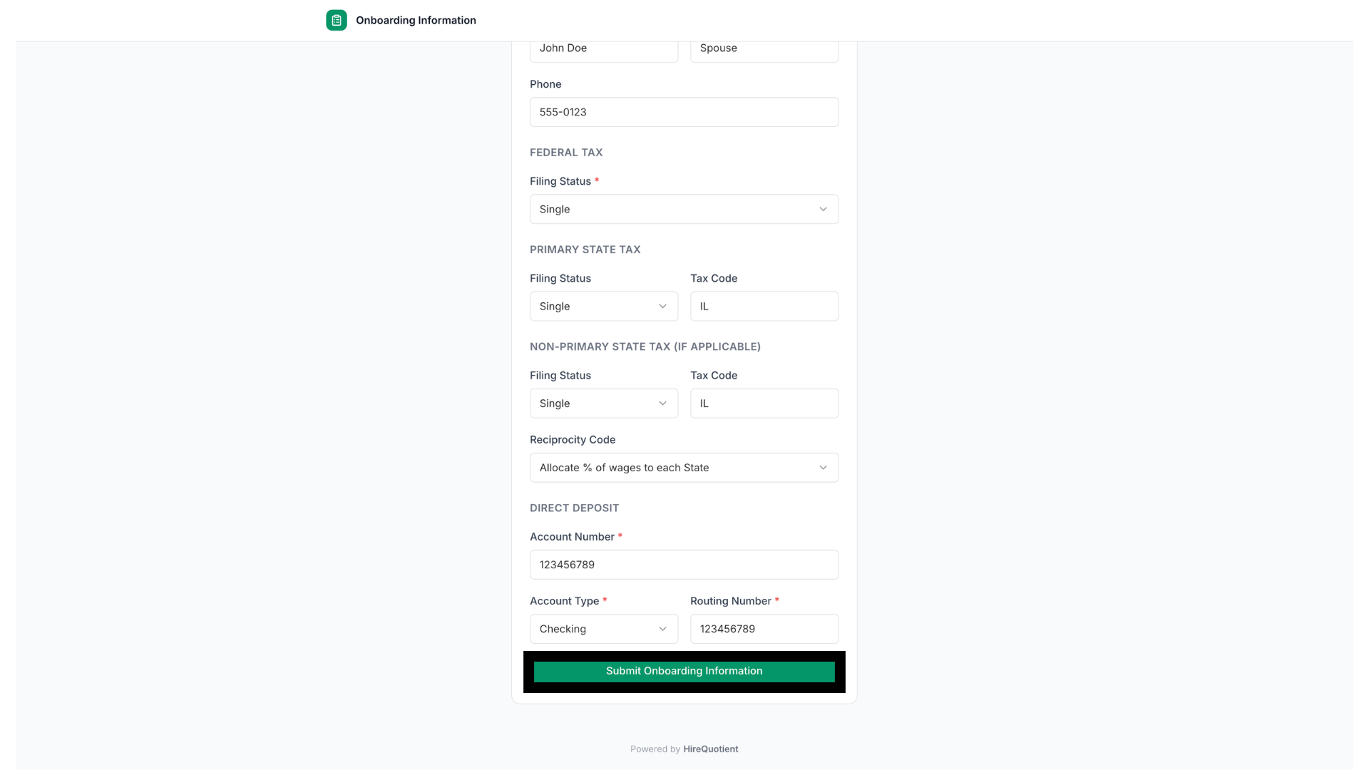 Candidate adds tax and deposit info, submits