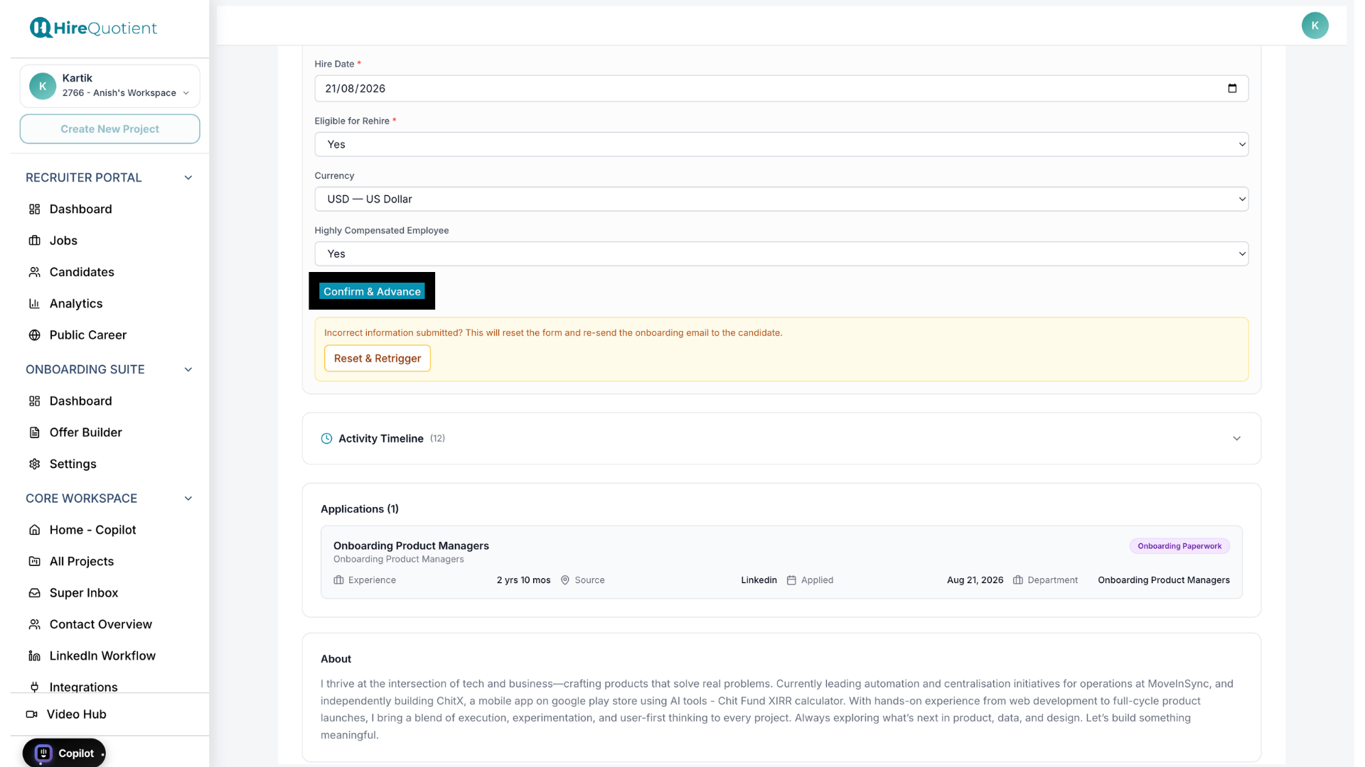 Recruiter confirms and advances