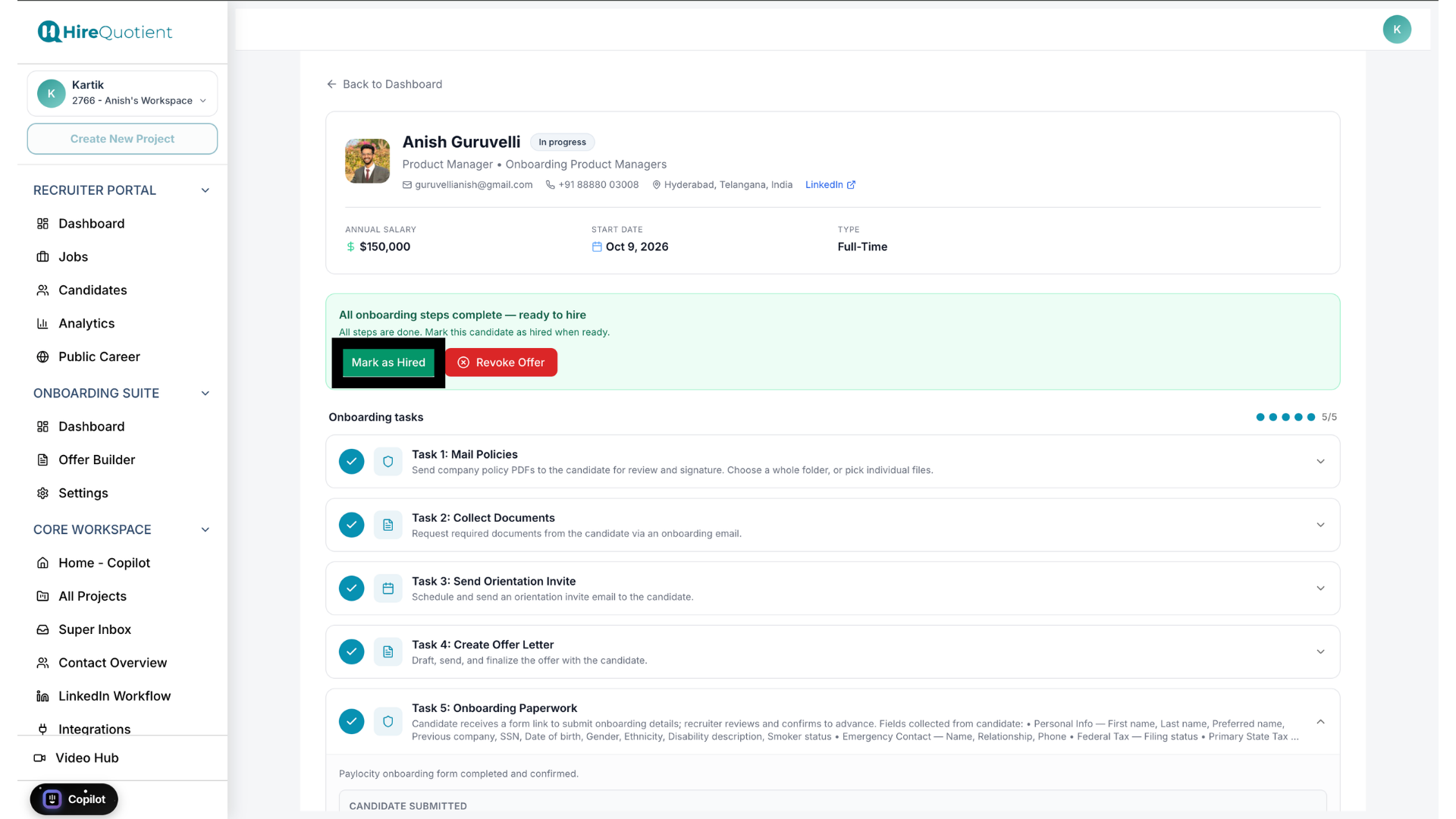 Open a fully onboarded candidate's profile