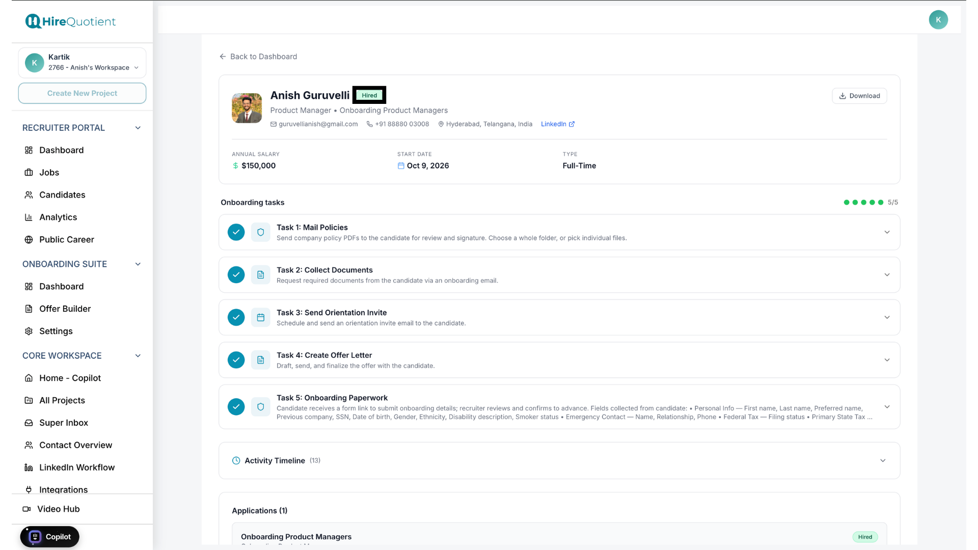 Candidate status becomes Hired
