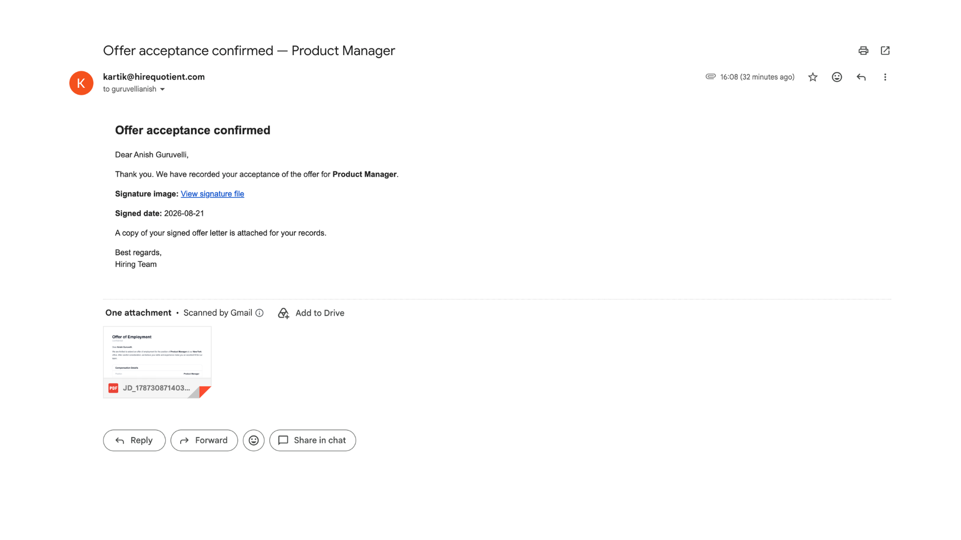 Candidate gets a hire confirmation email