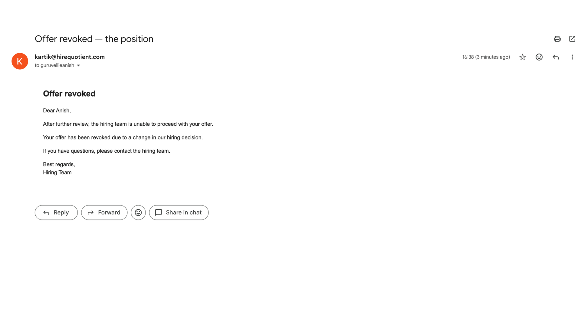 Candidate is notified by email