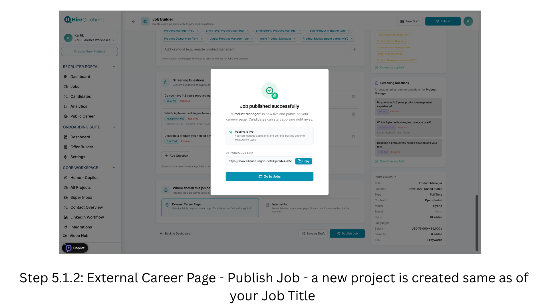 Copy the public job link and note the new project