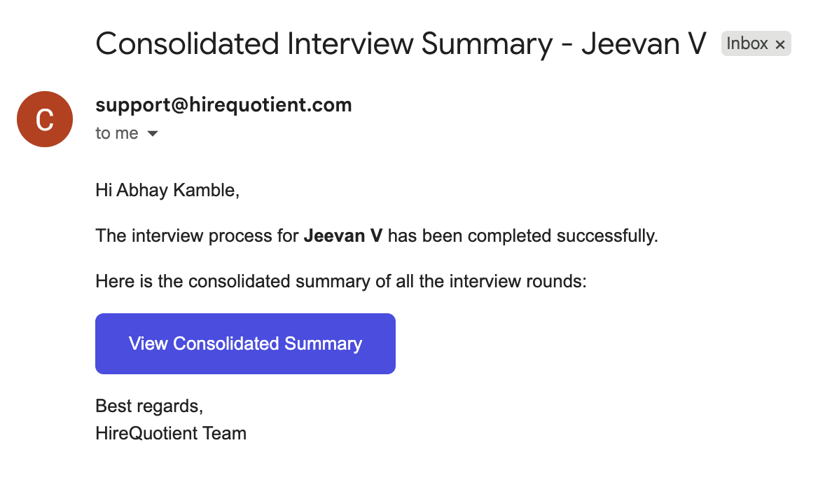 A consolidated summary goes to the recruiter